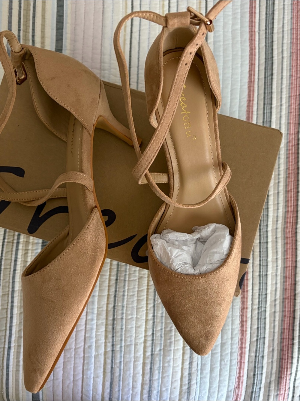 Ankle Strap Pointed-Toe Flats in Nude - Unbranded